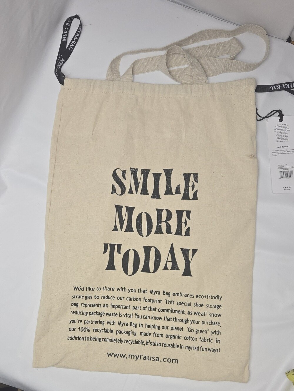 Myra Bag Beige Canvas Dust/Tote with Black Logo and Accents "Smile More Today"